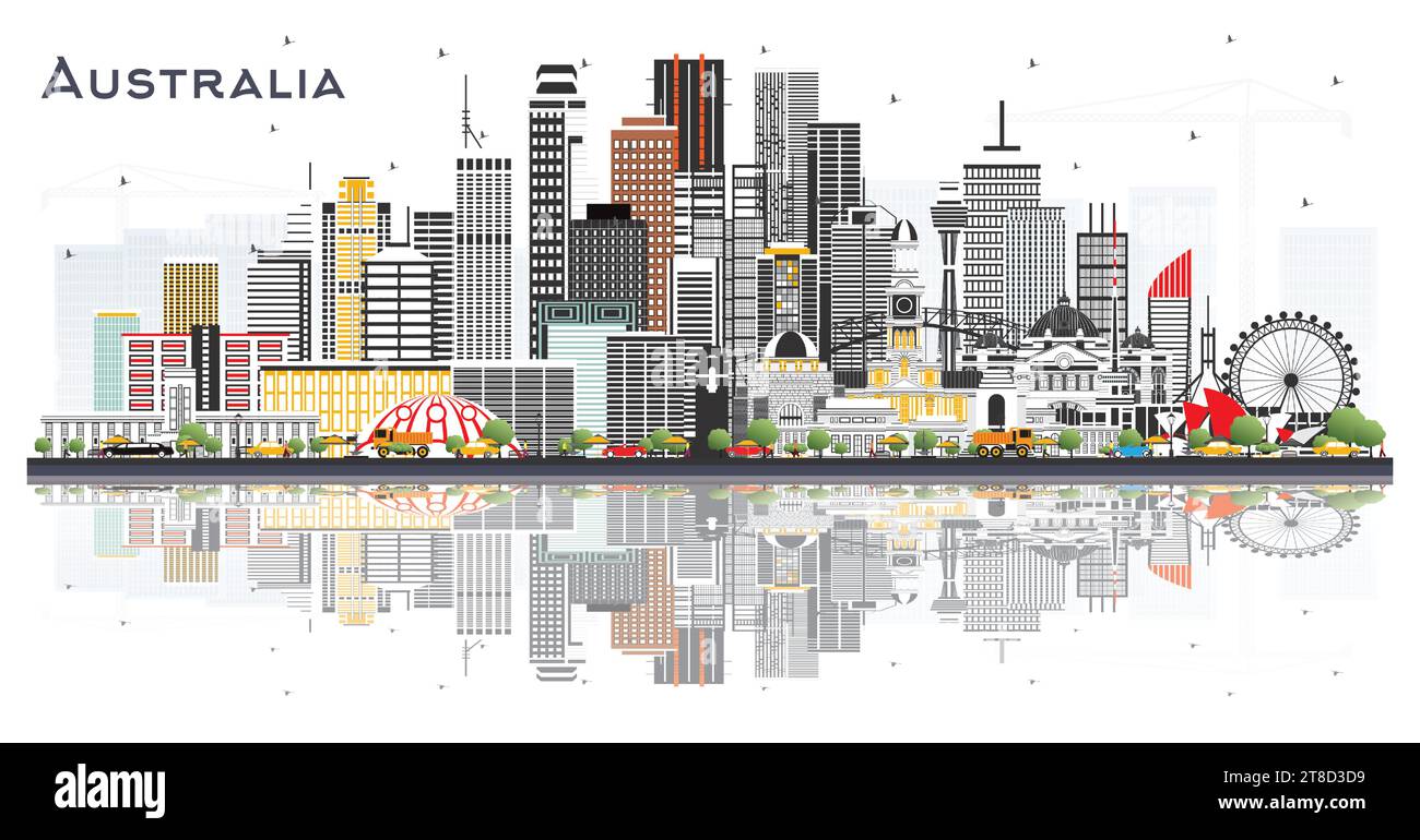 Skyline di Australia City con edifici grigi e riflessi isolati sul bianco. Illustrazione vettoriale. Concetto di turismo con architettura storica. Illustrazione Vettoriale