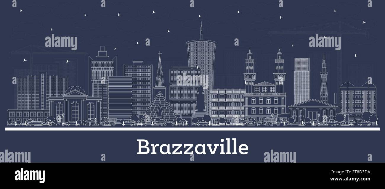 Delinea lo skyline della città di Brazzaville, Repubblica del Congo, con edifici bianchi. Illustrazione vettoriale. Illustrazione Vettoriale