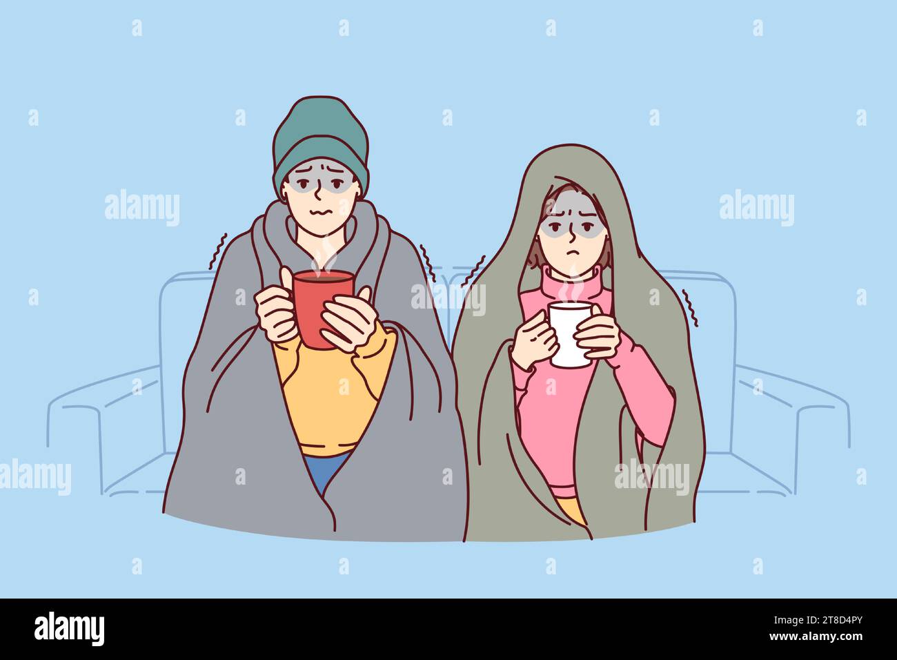 L'uomo e la donna malati sono seduti sul divano avvolti in coperte e bevono tè caldo che necessitano di farmaci antivirali. La coppia malata sta congelando a causa della mancanza di riscaldamento in casa e delle bollette del gas elevate. Illustrazione Vettoriale