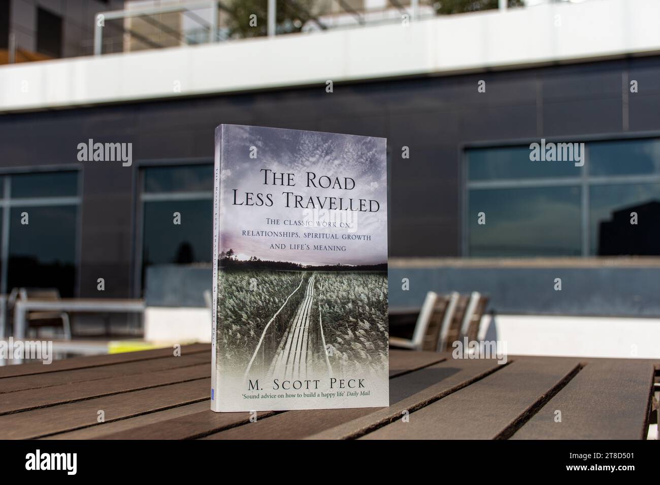 Primo piano il libro The Road Less Traveled di M. Scott Peck su un tavolo di legno. Foto Stock