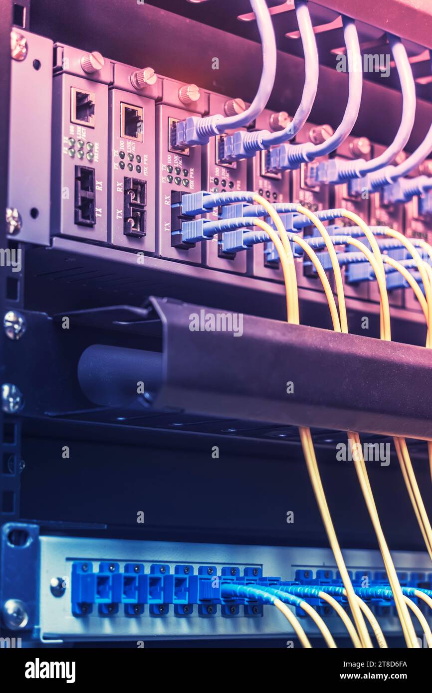 I cavi in fibra ottica si collegano alla porta dello switch nella sala server, concetto di gestione della rete Foto Stock