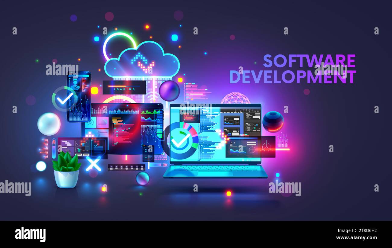 Concetto del processo di codifica dello sviluppo software. Programmazione, test del codice multipiattaforma, app su laptop, tablet, telefono. Codifica, software di modifica desktop, Illustrazione Vettoriale