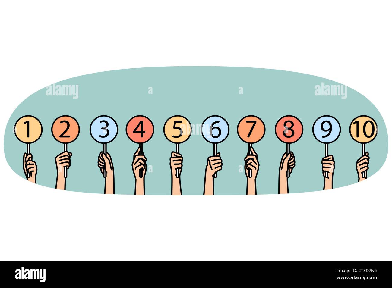 Primo piano di mani di persone diverse che hanno numeri diversi in mano. Gli uomini e le donne votano mostrano sostegno o dispiacere. Illustrazione vettoriale. Illustrazione Vettoriale