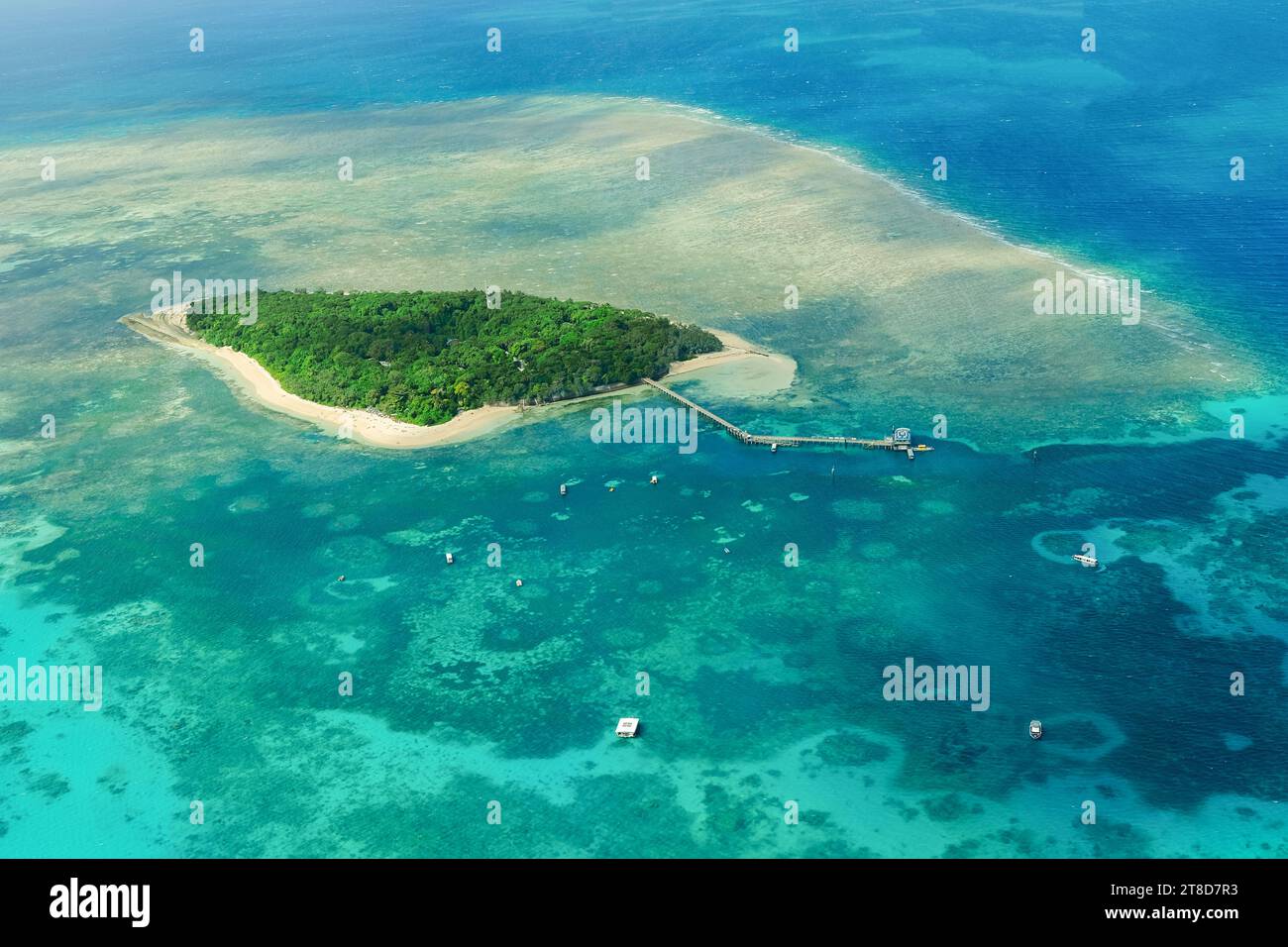 Una vista aerea delle barriere coralline e delle limpide acque turchesi che circondano Green Island, una piccola isola tropicale nella grande Barriera Corallina esterna Foto Stock