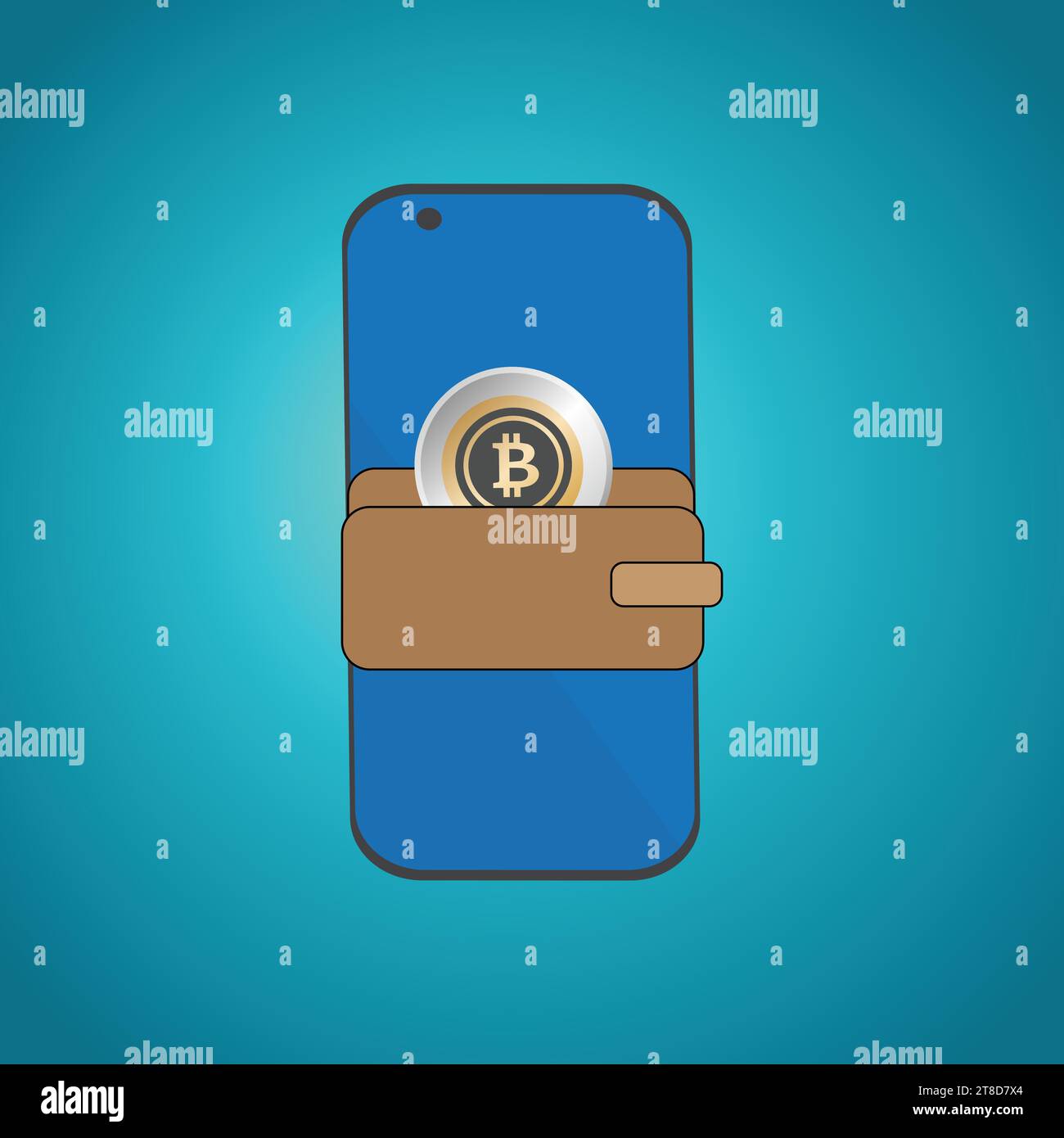 Portafoglio con bitcoin in uno smartphone, concetto di portafoglio cripto Illustrazione Vettoriale