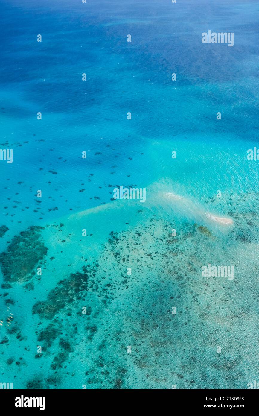 Una vista aerea di Vlasoff Cay, nella grande Barriera Corallina: Bar di sabbia bianca tropicale, barriere coralline, acque cristalline turchesi, Mare dei Coralli, Cairns Foto Stock