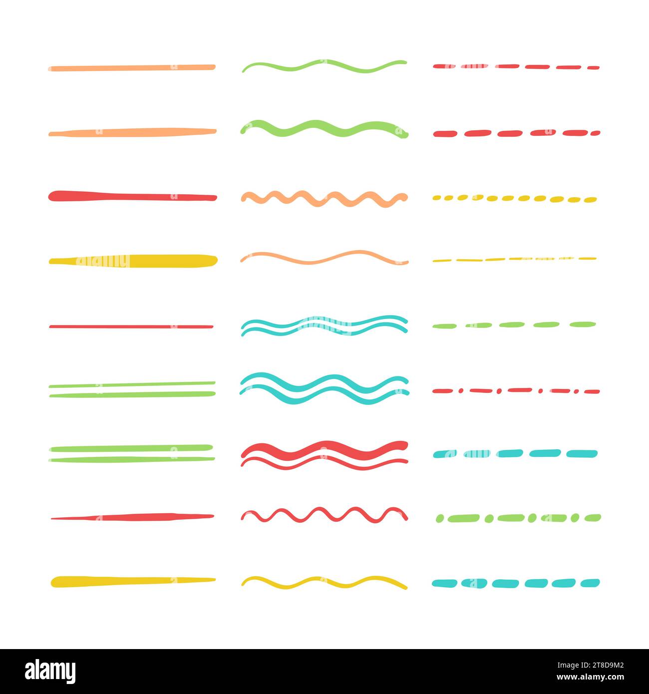 Collezione di sottolineature multicolore barrate. le linee ondulate e punteggiate colorate dei vari doodle mettono in risalto. Strisce tracciate a mano orizzontali, Illustrazione Vettoriale