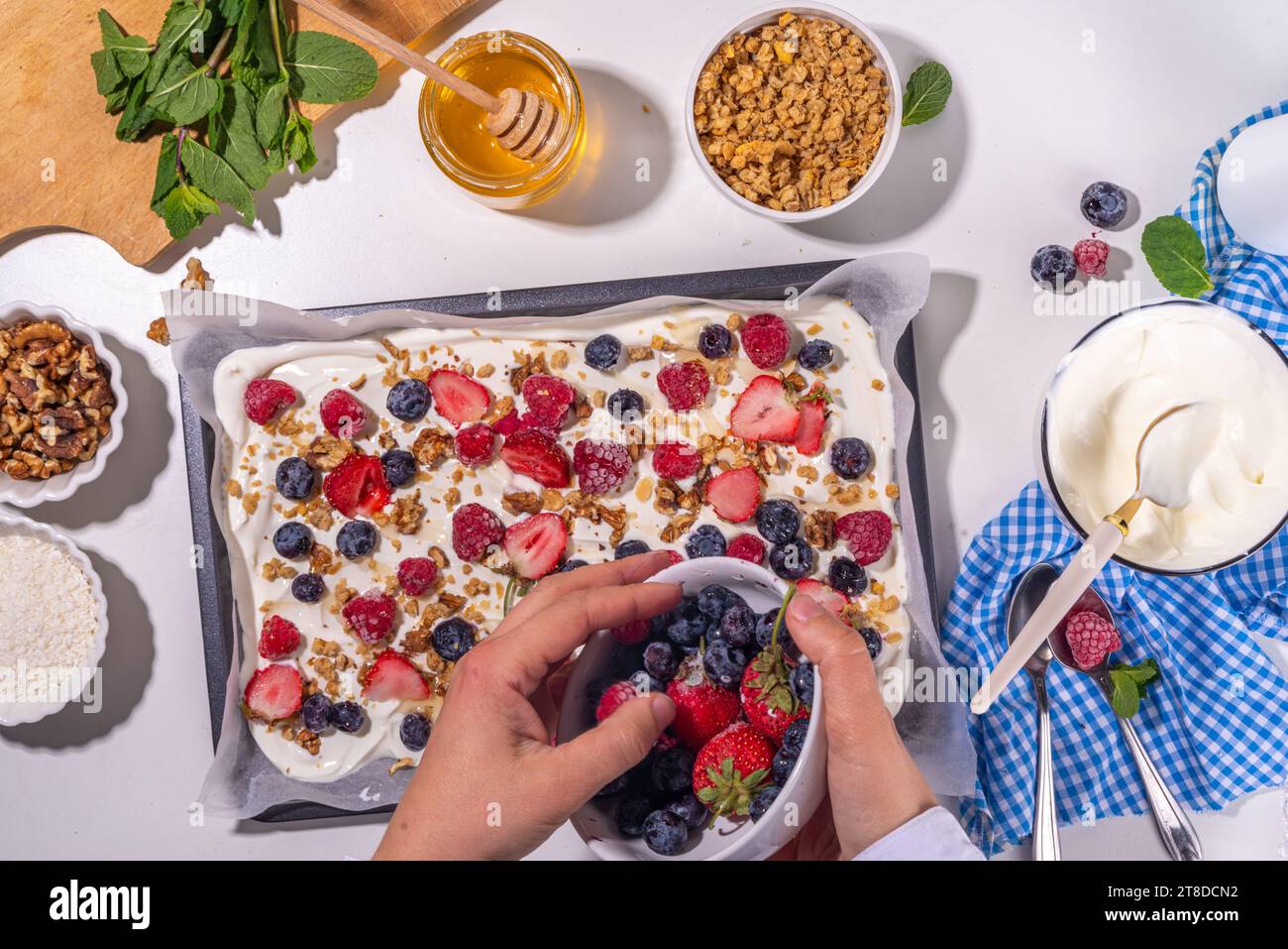 Preparazione della cottura con sfondo di corteccia di yogurt congelato con yogurt greco, bacche fresche, muesli, miele, salsa al cioccolato, con vassoio da forno deco. Vista dall'alto della donna Foto Stock