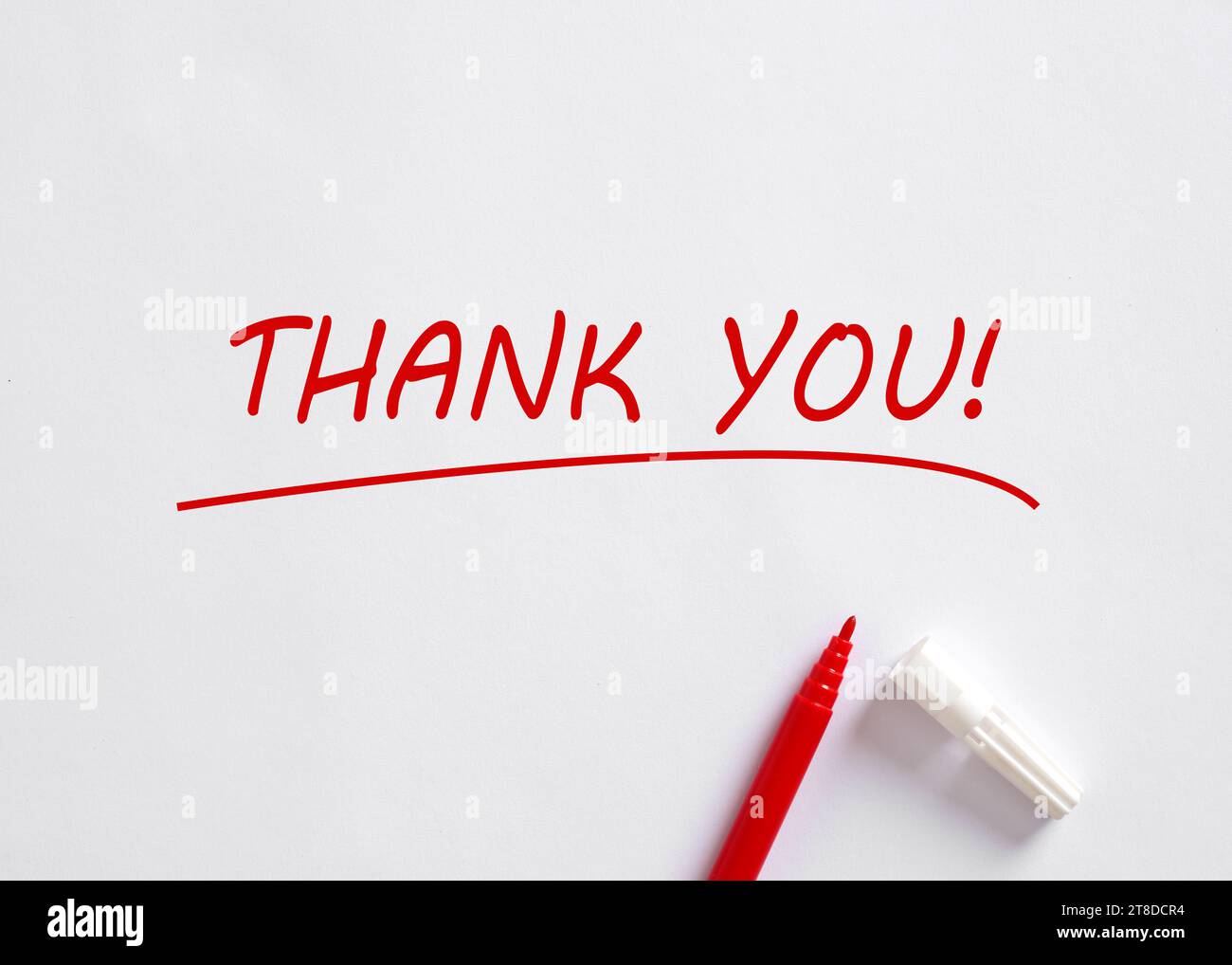 Messaggio di ringraziamento scritto a mano con una penna rossa su sfondo bianco. Concetto di gratitudine. Foto Stock