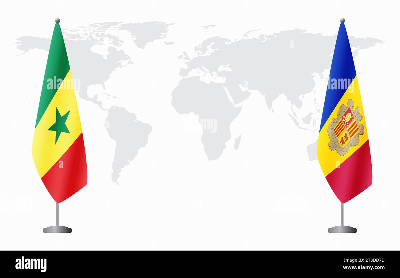 Senegal e Andorra bandiere per un incontro ufficiale sullo sfondo della mappa mondiale. Illustrazione Vettoriale