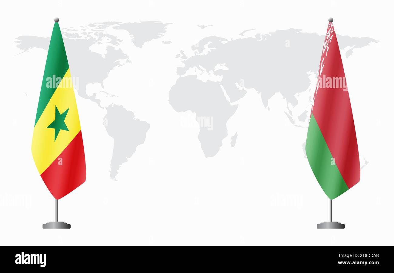 Bandiere del Senegal e bielorusse per un incontro ufficiale sullo sfondo della mappa mondiale. Illustrazione Vettoriale