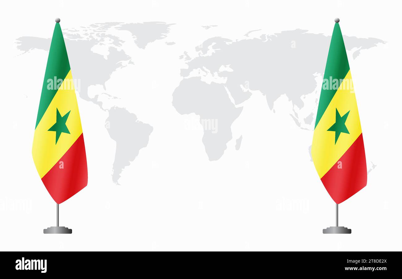 Senegal e Senegal bandiere per un incontro ufficiale sullo sfondo della mappa mondiale. Illustrazione Vettoriale