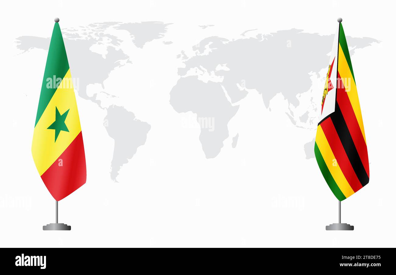 Senegal e Zimbabwe bandiere per un incontro ufficiale sullo sfondo della mappa mondiale. Illustrazione Vettoriale