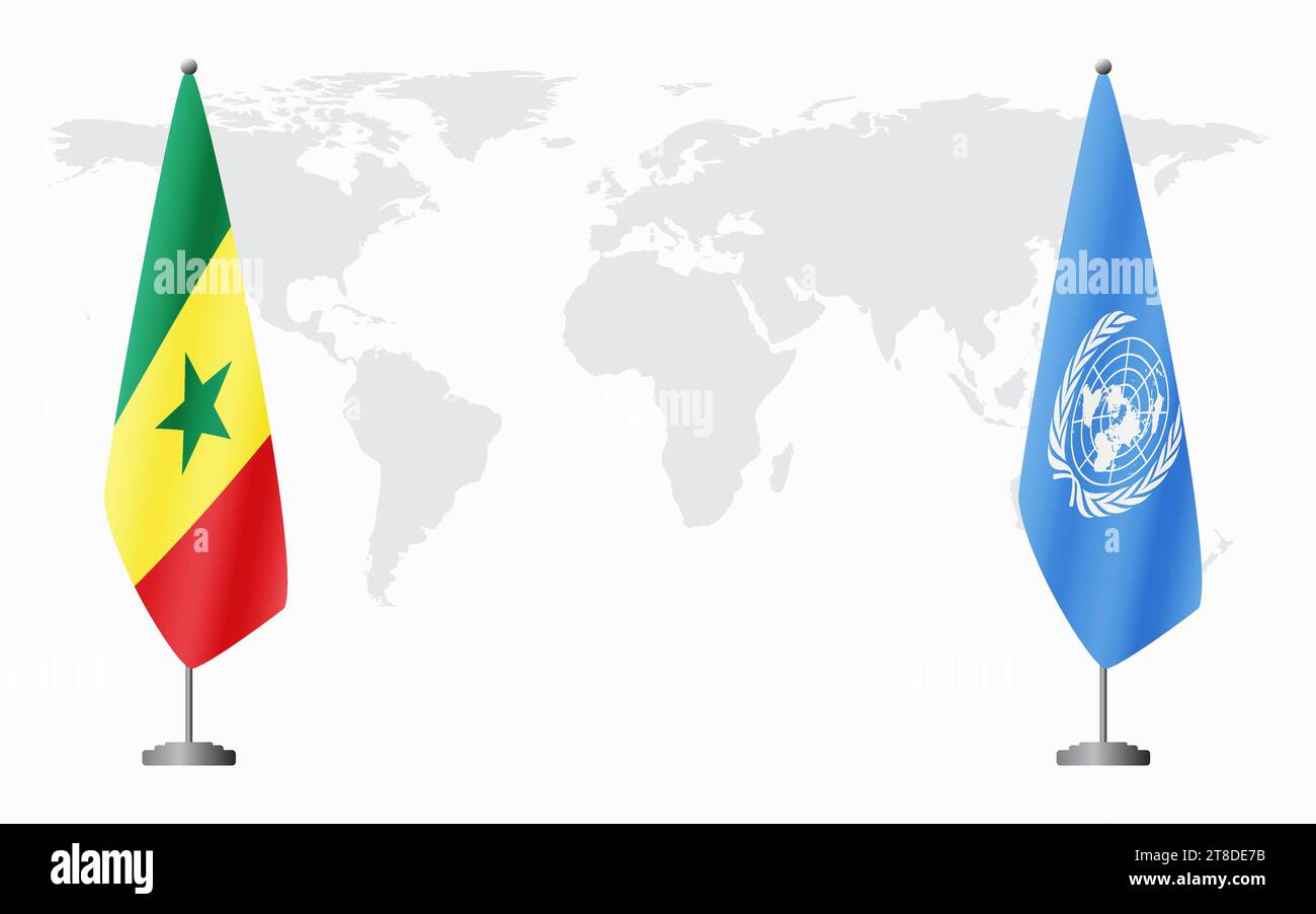 Il Senegal e le Nazioni Unite bandiere per un incontro ufficiale sullo sfondo della mappa mondiale. Illustrazione Vettoriale