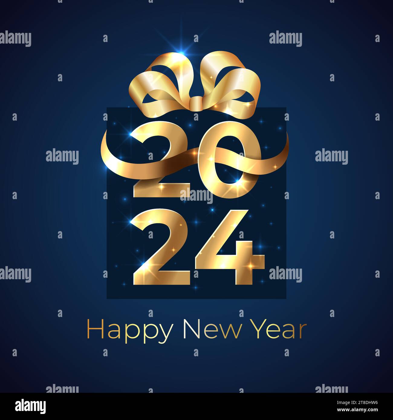 2024, 24 felice anno nuovo. 2024 in oro lucido a forma di confezione regalo con nastro, fiocco su sfondo scuro. Biglietto d'auguri. Design per l'anno nuovo su invito Illustrazione Vettoriale