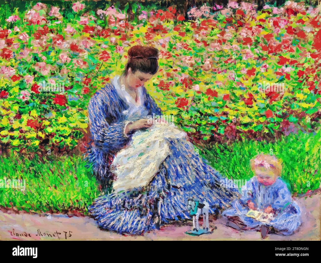 "Camille Monet and a Child in the Artist's Garden in Argenteuil, 1875 (olio su tela) dell'artista Monet, Claude (1840-1926) / francese." Illustrazione Vettoriale