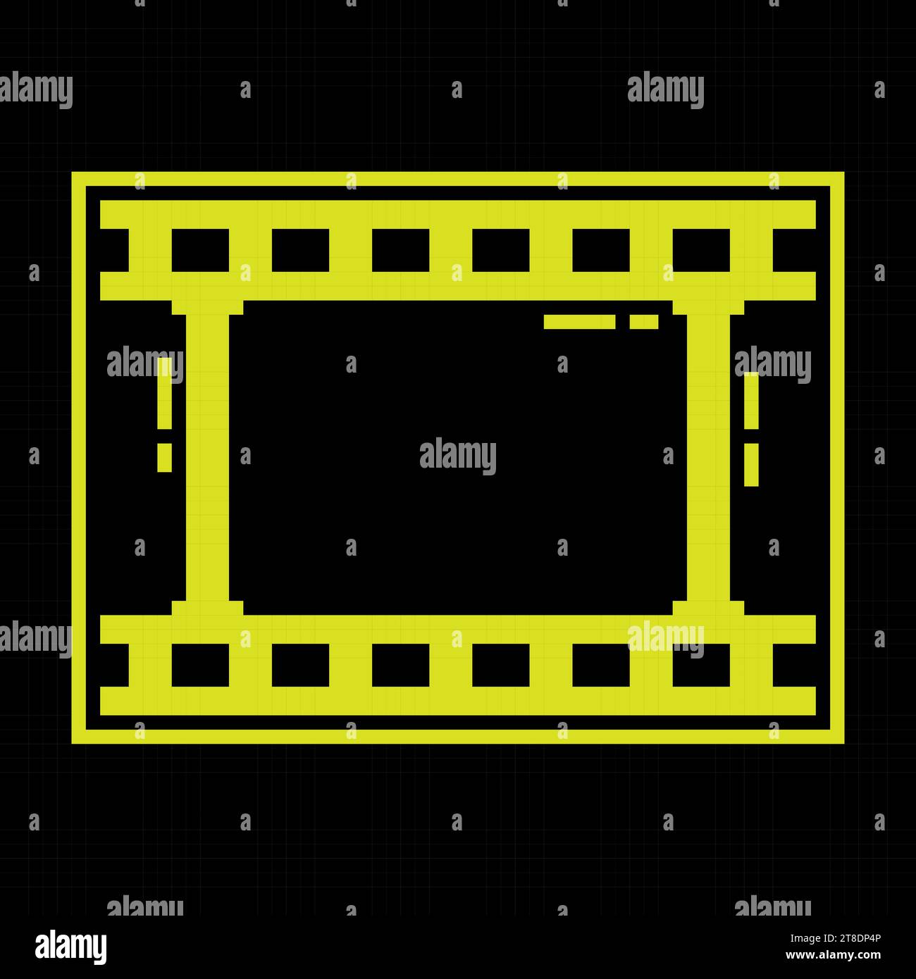 Icona silhouette pixel. Parte della vecchia pellicola fotografica da 35 mm. Giornata mondiale del cinema 28 dicembre. Vettore semplice nero e giallo Illustrazione Vettoriale