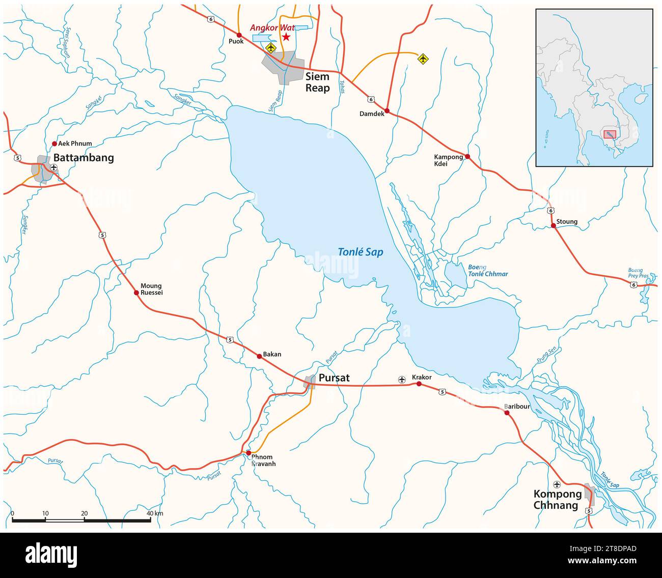 Mappa vettoriale del lago cambogiano Tonle SAP Foto Stock