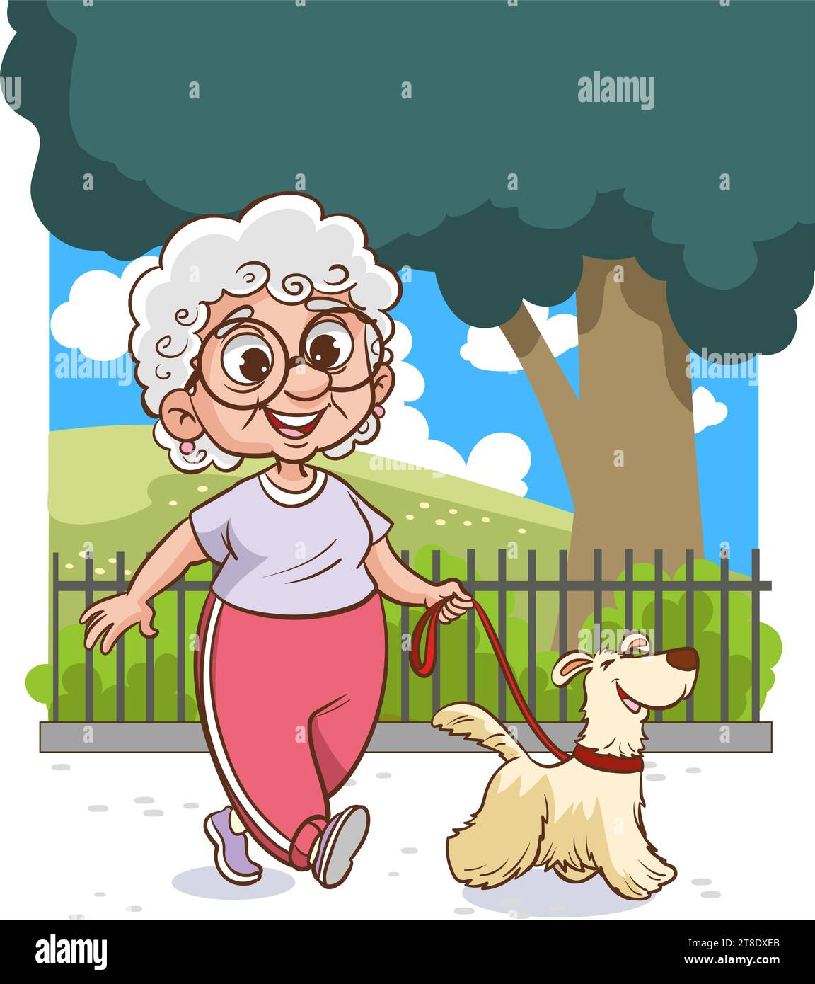 Vecchia donna che cammina il suo cane. Camminano nel parco. Migliori amici. Grafica vettoriale. Illustrazione Vettoriale