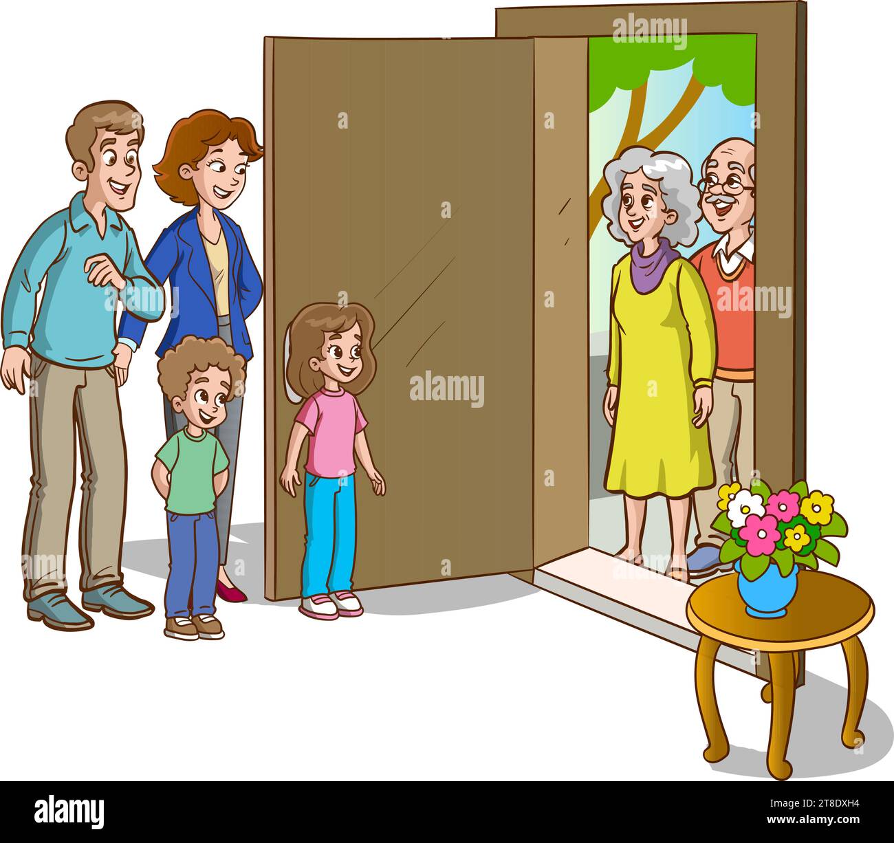 la famiglia dà il benvenuto agli ospiti all'ingresso Illustrazione Vettoriale