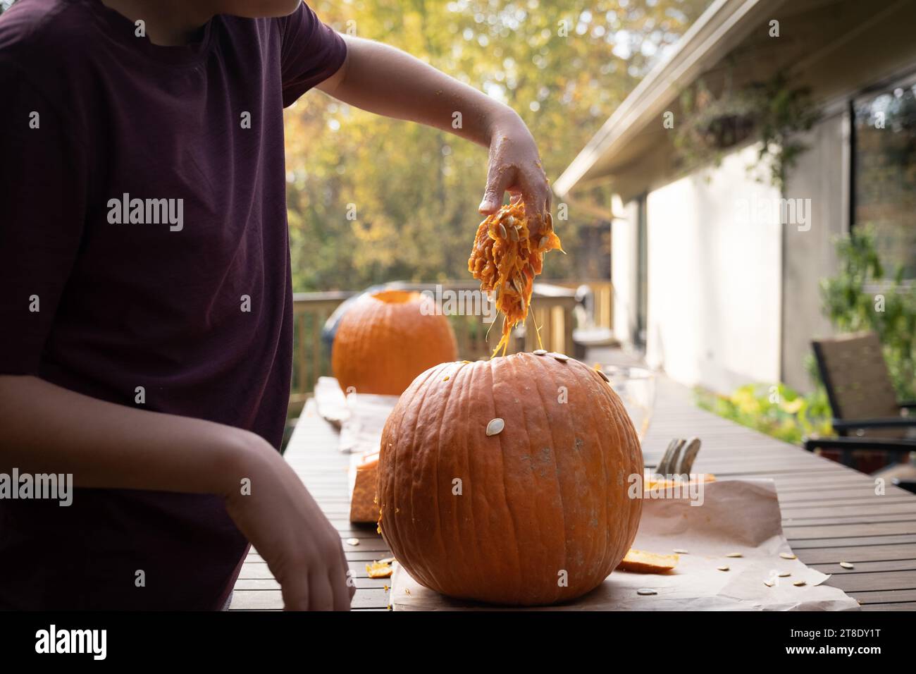 Ragazzo che rimuove la polpa e i semi dalla zucca prima di intagliare la faccia spettrale. Foto Stock