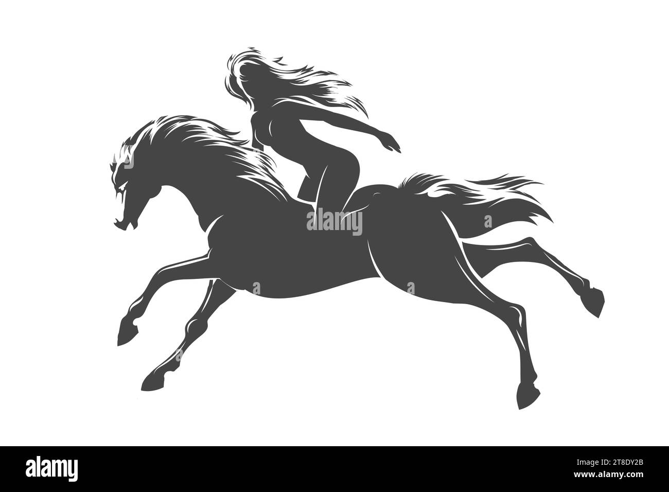 La donna dai capelli lunghi cavalca un emblema di Stallion selvaggio isolato su sfondo bianco. Illustrazione vettoriale Illustrazione Vettoriale