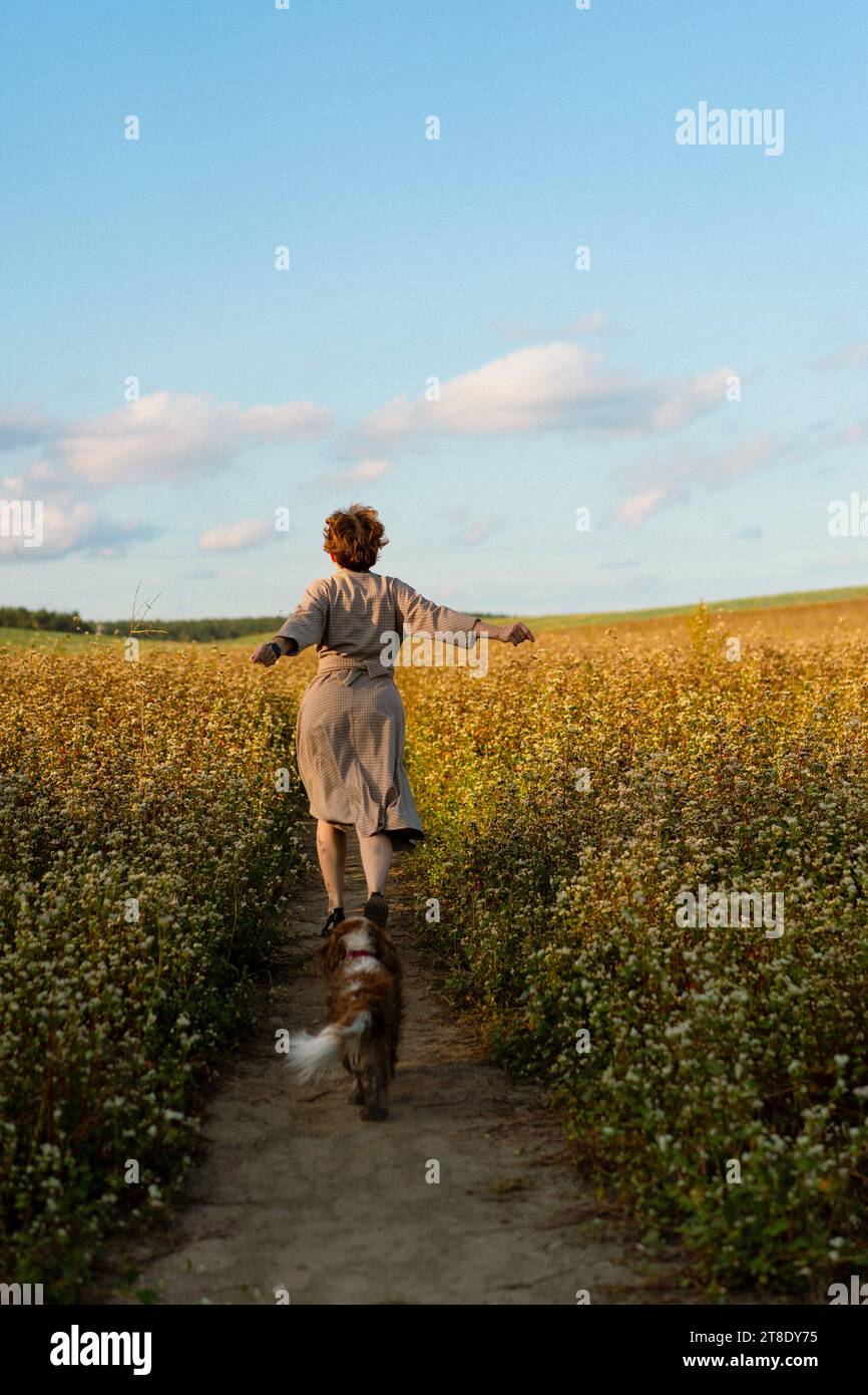 Giovane donna corre in un campo giallo estivo al tramonto. Foto Stock