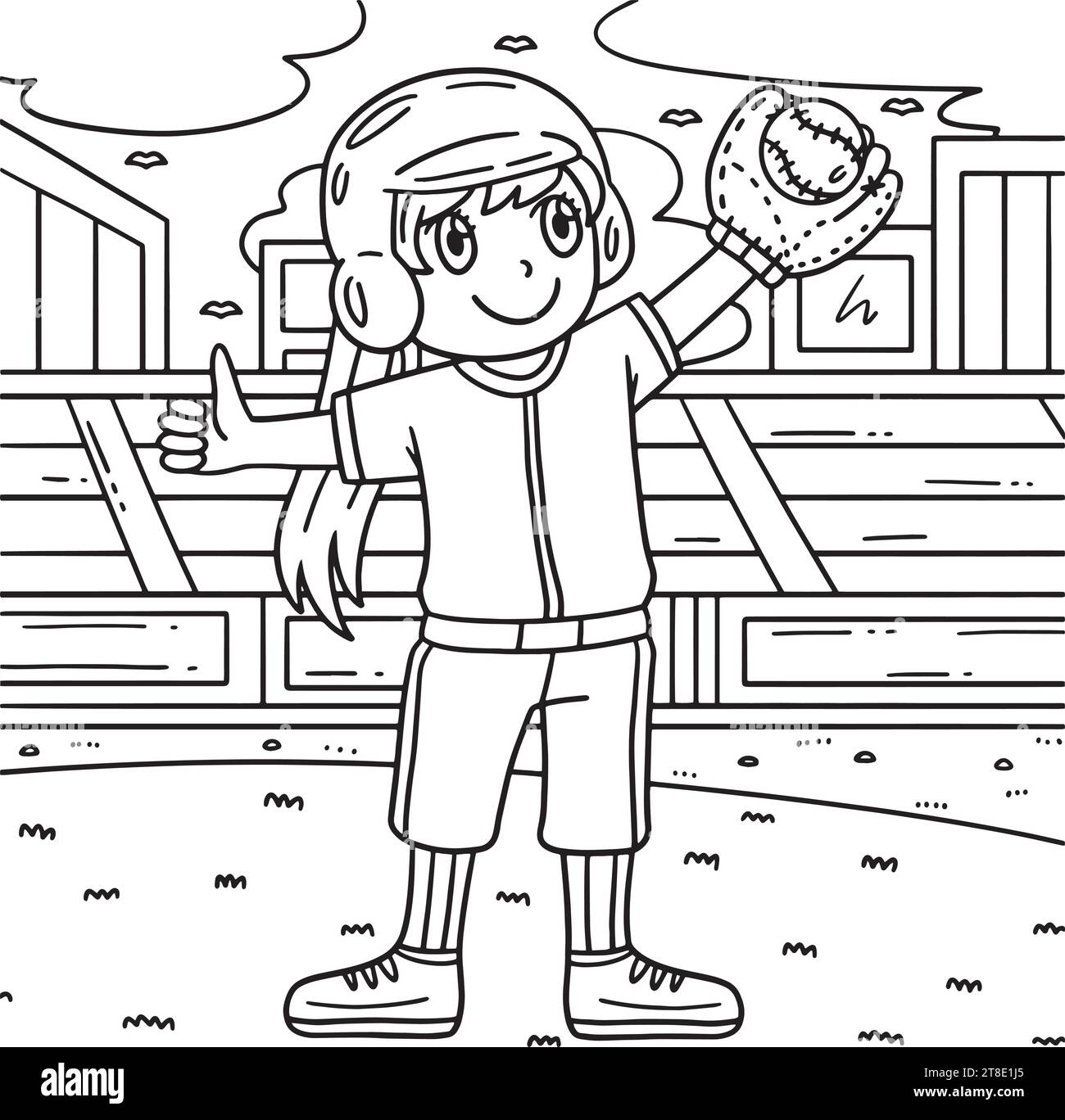 Baseball Girl Pitcher Waving Coloring Page Illustrazione Vettoriale