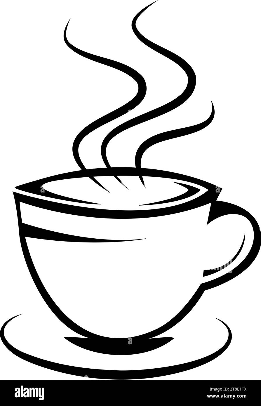 Tazza di caffè caldo o tè con elemento di design isolato a vapore immagine vettoriale in bianco e nero Illustrazione Vettoriale