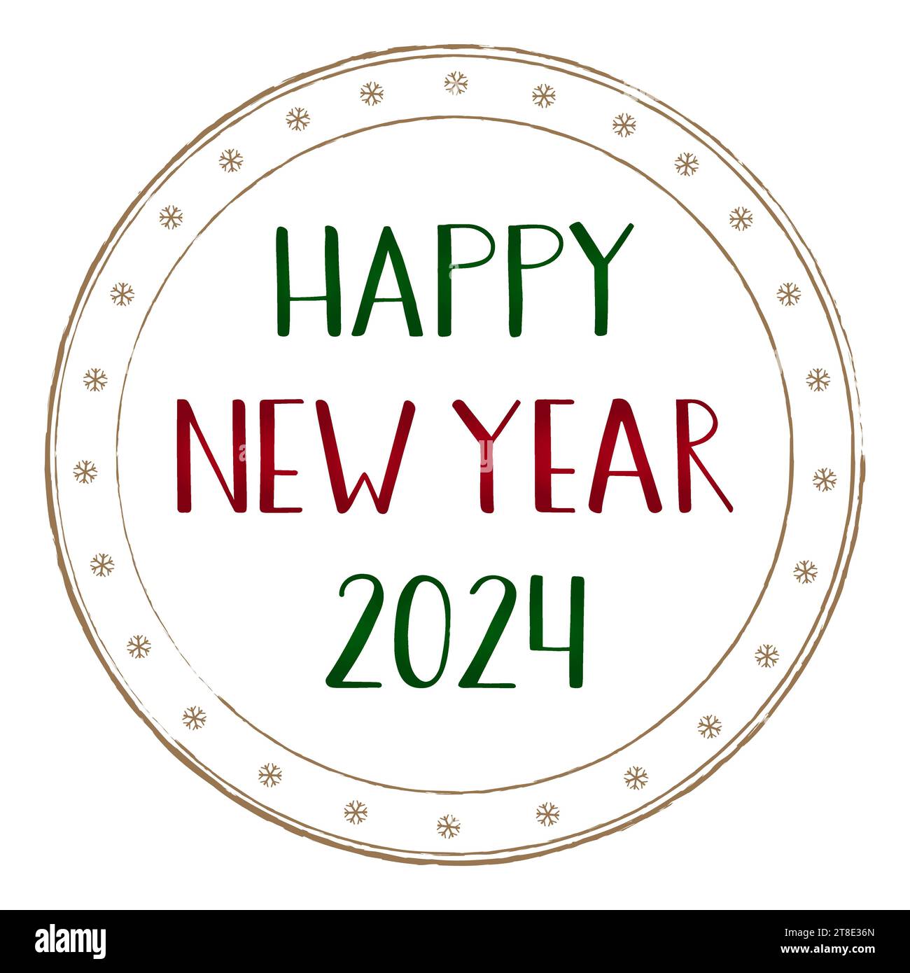 Buon anno 2024. Timbro dorato con testo scritto a mano verde e rosso. Biglietto d'auguri, cartolina. Scritte con linee spesse e sottili. Illustrazione Vettoriale