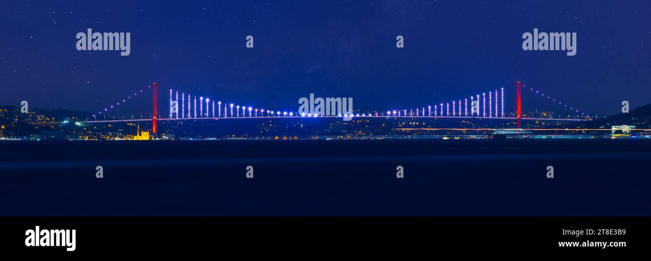 15 luglio Ponte dei Martiri o Ponte del Bosforo in un paesaggio notturno della via Lattea. Vista da Sarayburnu, Istanbul, Turchia Foto Stock