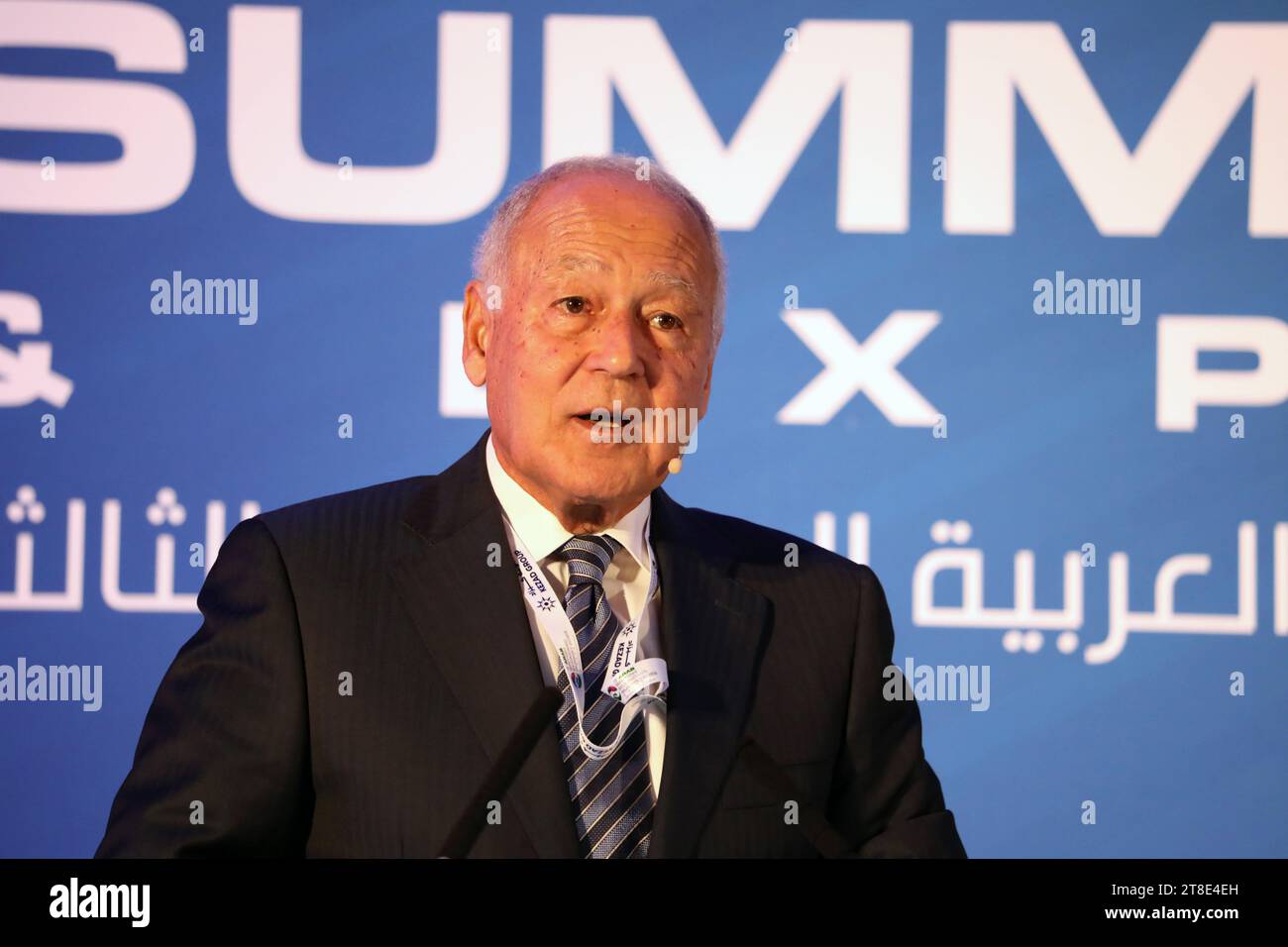 Londra, Regno Unito. 20 novembre 2023. Il Segretario generale della Lega Araba Ahmed Aboul Gheit dice ai paesi occidentali di “svegliarsi” alle conseguenze della guerra di Gaza, al Summit economico arabo-britannico. Crediti: Dominic Dudley/Alamy Live News Foto Stock