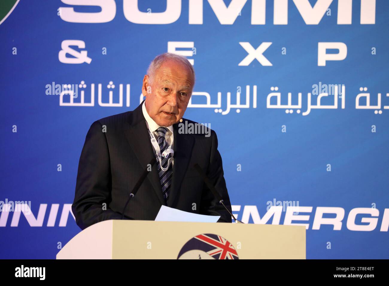 Londra, Regno Unito. 20 novembre 2023. Il Segretario generale della Lega Araba Ahmed Aboul Gheit dice ai paesi occidentali di “svegliarsi” alle conseguenze della guerra di Gaza, al Summit economico arabo-britannico. Crediti: Dominic Dudley/Alamy Live News Foto Stock