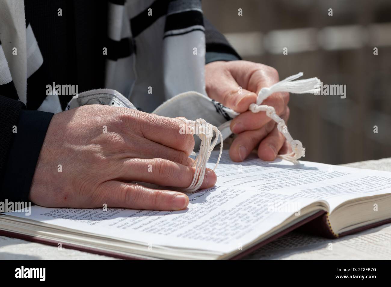 Primo piano di un uomo ebreo che prega mentre tiene le corde o tzit-tzit sul suo tallit in mano e recita lo shemà yisrael. Foto Stock