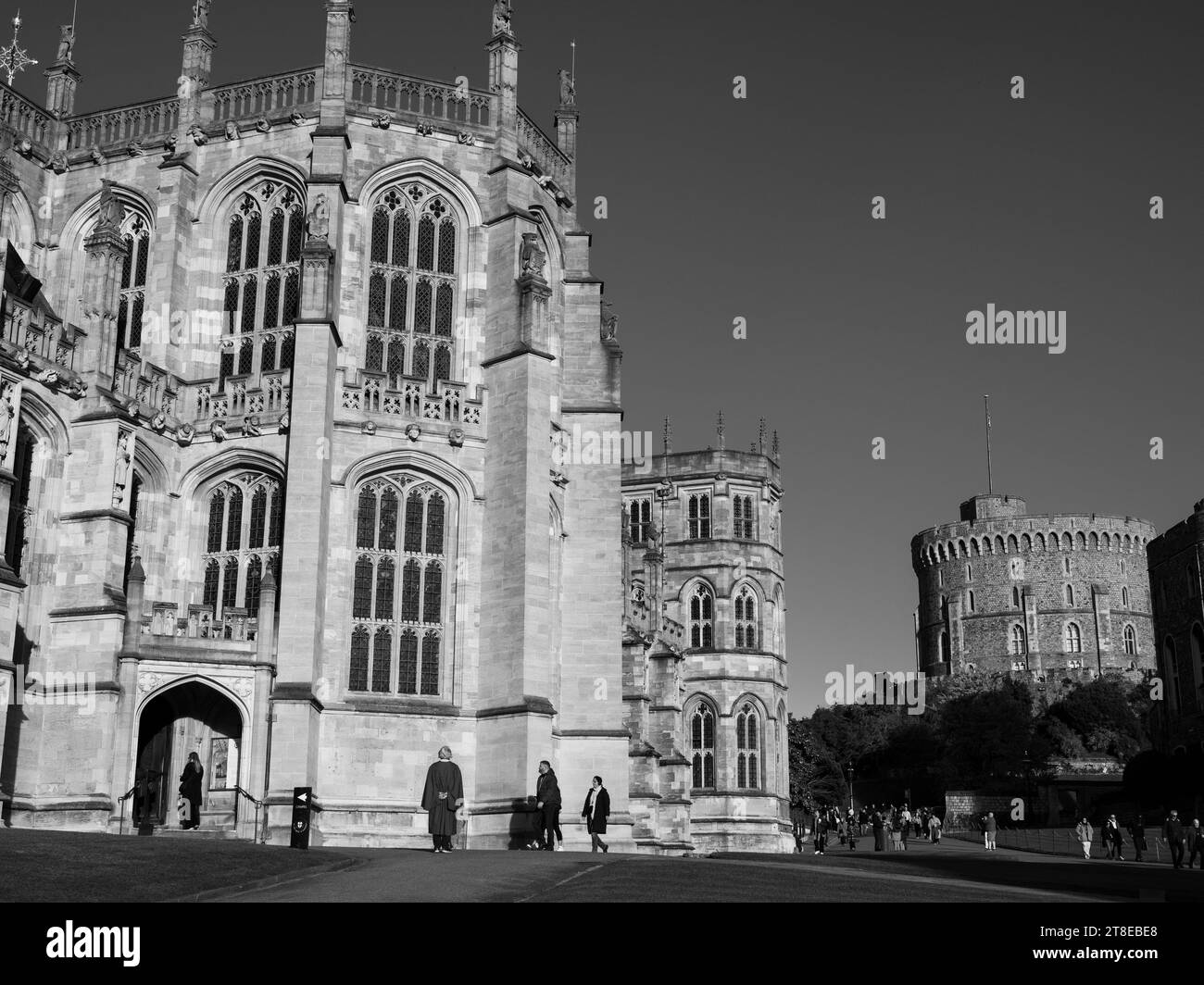 B&W, St Georges Chapel, Castello di Windsor, Windsor, Berkshire, Inghilterra, Regno Unito, Regno Unito. Foto Stock