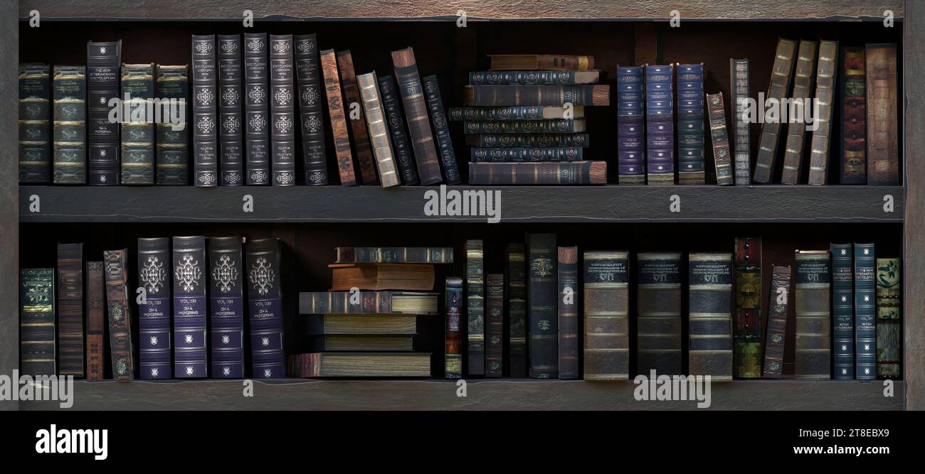Molti vecchi libri di fila su una libreria di legno nella sala oscura della biblioteca. Concetto di istruzione, lettura, conoscenza e intelligenza. Sfondo dei libri. Foto Stock