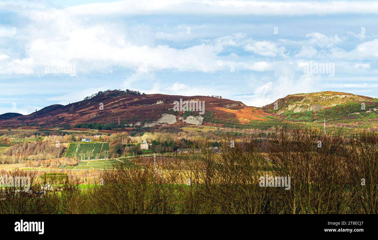 Dundee, Tayside, Scozia, Regno Unito. 20 novembre 2023. Tempo nel Regno Unito: Nelle zone rurali di Dundee, il sole dell'inizio dell'inverno con un clima mite crea spettacolari scenari paesaggistici delle Sidlaw Hills e della Strathmore Valley. Crediti: Dundee Photographics/Alamy Live News Foto Stock