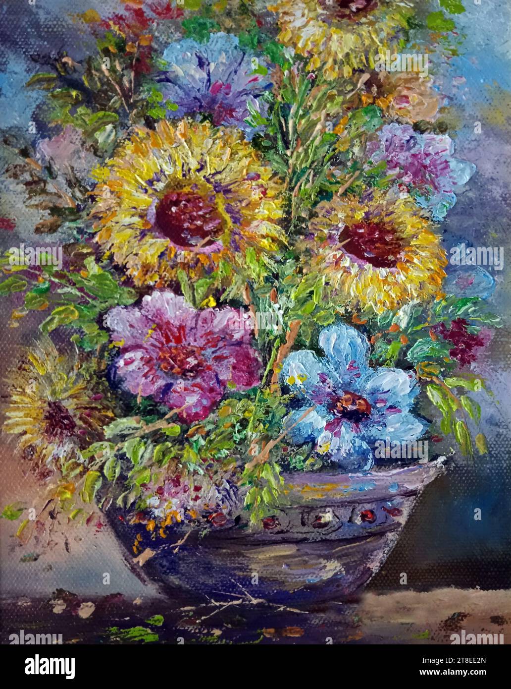 Pittura d'arte originale fiore di colore ad olio in vaso Foto Stock