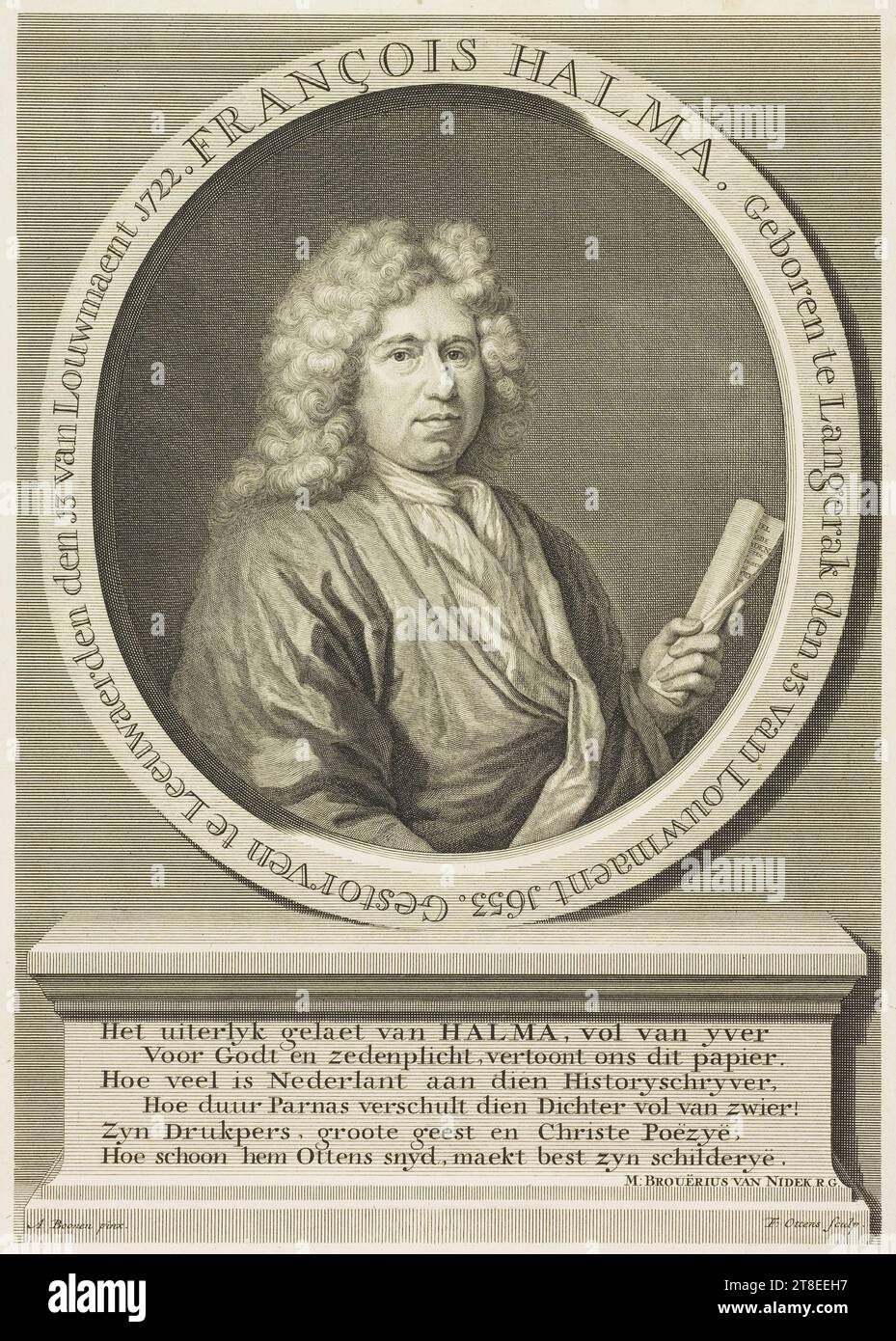 FRANCOIS HALMA. Nato a Langerak den 3 van Louwmaent nel 1653. Morì a Leeuwaerden den 3 van Louwmaent 1722. La gelaet uiterlyk di HALMA, piena di yver per Godt e dovere morale, ci mostra questo documento. Quanto costa Nederlant fare Historyschryver, quanto costa Parnas verschult dien Dichter vol van Zwier! La sua stamperia, il grande spirito e Christe Poetry, come pulito Ottens snyd, rende migliore la sua schilderyë. R: Boonen pinx. F: Ottens sculp Foto Stock