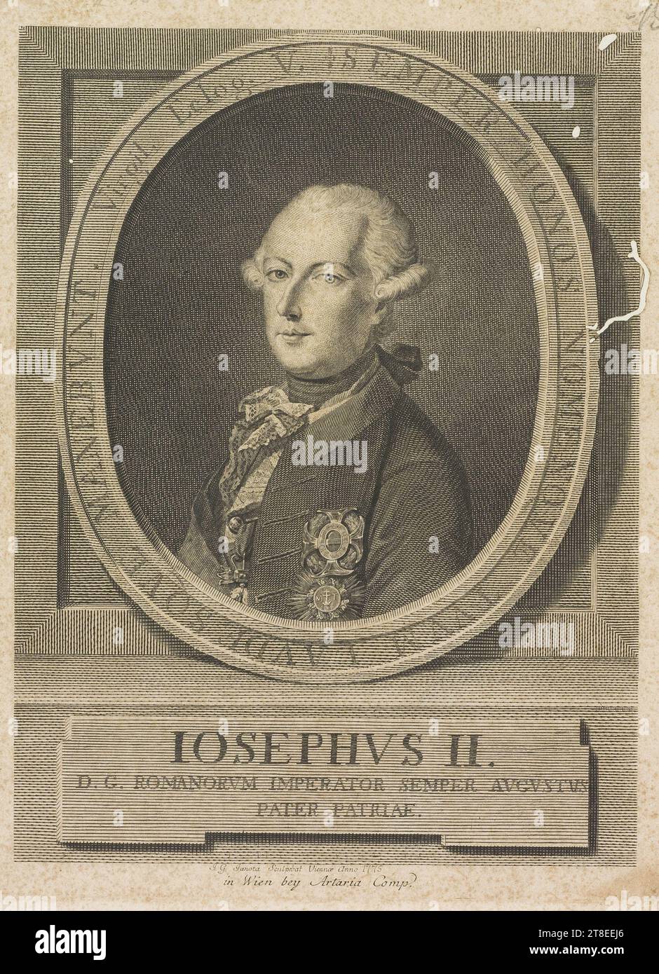 Virgil. Eclog.V. SEMPER HONOS NOMENOVE TVVM LAVDE SQVE MANEBVNT. IOSEPHVS II D. G. ROMANORVM IMPERATOR SEMPER AVGVSTVS PATER PATRIAE. J.G. Janota Sculpebat Viennæ anno 1775. A Wien bey Artaria Comp Foto Stock