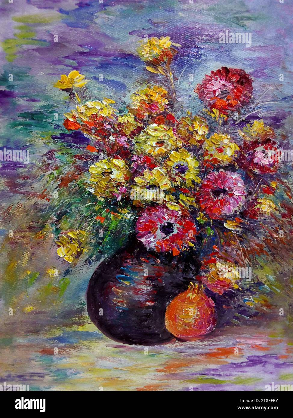 Pittura d'arte originale fiore di colore ad olio in vaso Foto Stock