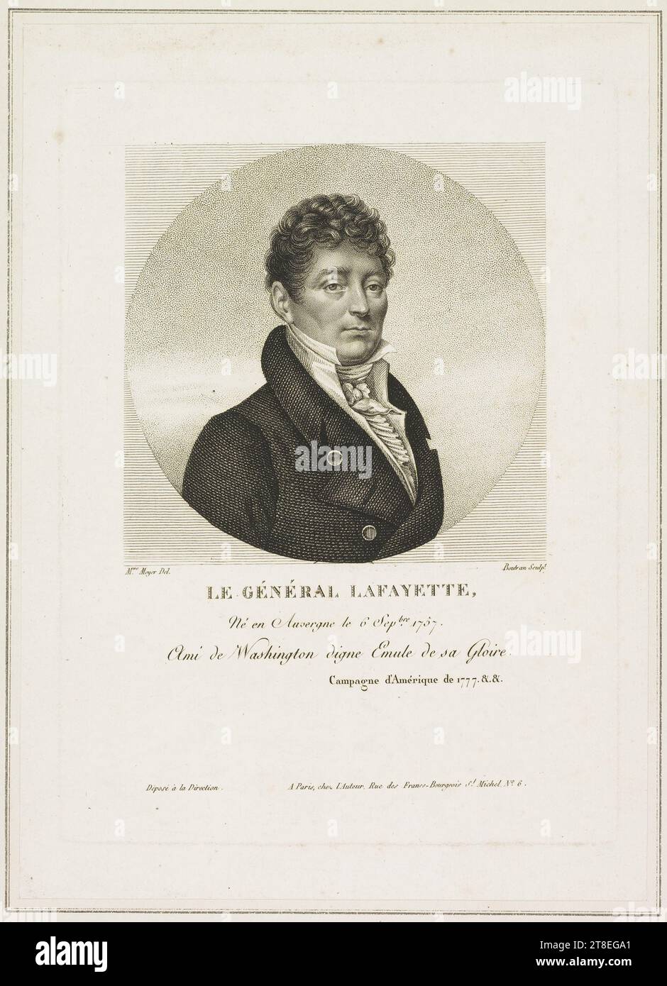 Signora Meyer del. Boutran sculp.T.. GENERALE LAFAYETTE, nato in Alvernia il 6 Sep.bre 1757. Amico di Washington degno emulazione della sua Gloria. Campagna d'America del 1777. Depositato con la direzione. A Parigi, all'autore, Rue des Francs-Bourgeois St. Michel, N°. 6 Foto Stock
