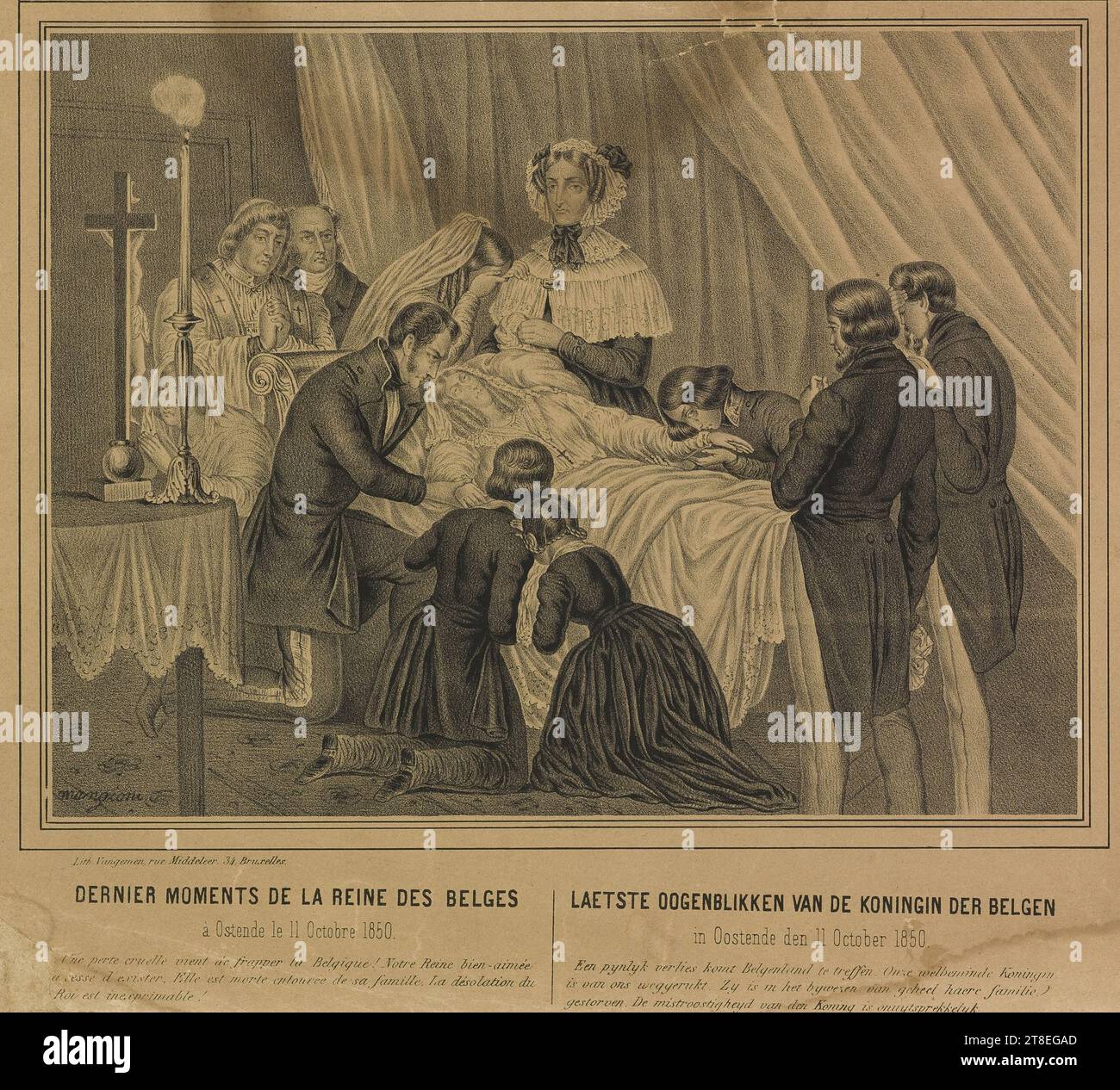 Altri presenti probabilmente includono i suoi fratelli Luigi, duca di Nemours (1814-1896) e Francesco, duca di Joinville (1818-1900). mangione. Lith. Vangemen, rue Middeleer, 34.Bruxelles. ULTIMI MOMENTI DELLA REGINA DEL BELGIO ad Ostenda l'11 ottobre 1850. Una perdita curiosa ha appena colpito il Belgio! La nostra amata Regina ha cessato di esistere. E' morta circondata dalla sua famiglia. La desolazione del re è inesprimibile! LAST EYE BLIKE DEL REGNO DEL BELGIO ad Ostenda l'11 ottobre Foto Stock