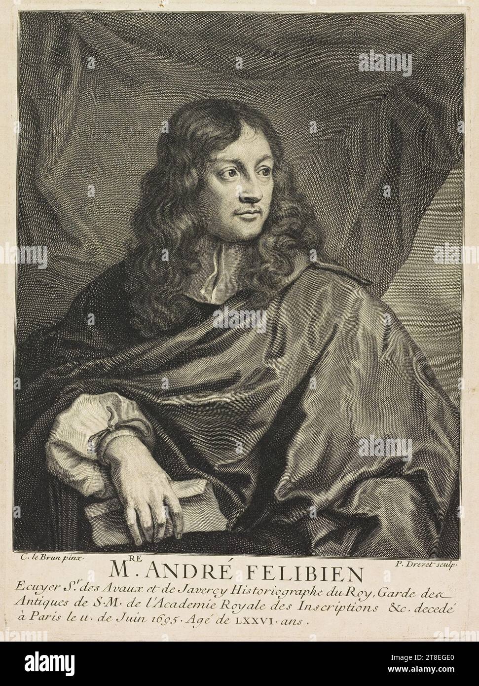 C. le Brun Pinx. P. Drevet sculp. M.RE ANDRÉ FELIBIEN Ecuyer S.r das Avaux et Javercy Historiographe du Roy, Garde des Antiques de S.M. de l'Academie Royale des Inscriptions &c.. Decedé à Paris le 11. De Juin 1695. Età di LXXVI. anni Foto Stock
