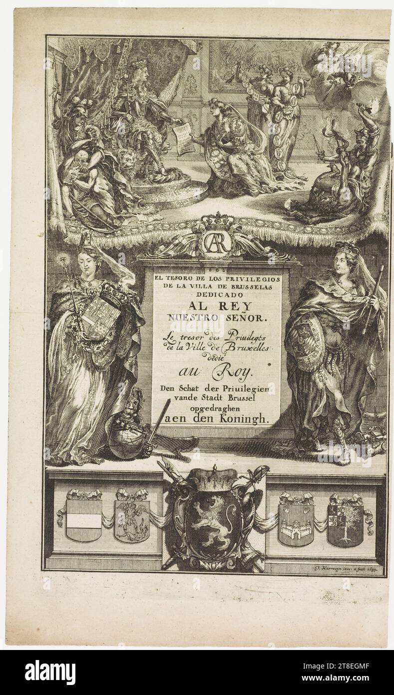 Monogramma AUTO. EL TESORO DE LOS PRIVILEGIOS DE LA VILLA DE BRUSSELAS DEDICADO AL REY NUESTRO Señor il tesoro dei privilegi della città di Bruxelles dedicata al re. Den schat der privilegien vanande stadt Brussel opgedraghen aen den Koningh. J. Harrewijn inve: Et fecit 1699. Illustrazione da: Den luyster ende glorie van het hertoghdom van Brabant, la sua porta di stelt de genealogique beschryvinge van desselfs souvereyne princen en door het ontdecken ... dei privilegi, delle ordinanze e del ... Regolamento della città di Bruxelles, 1699 Foto Stock