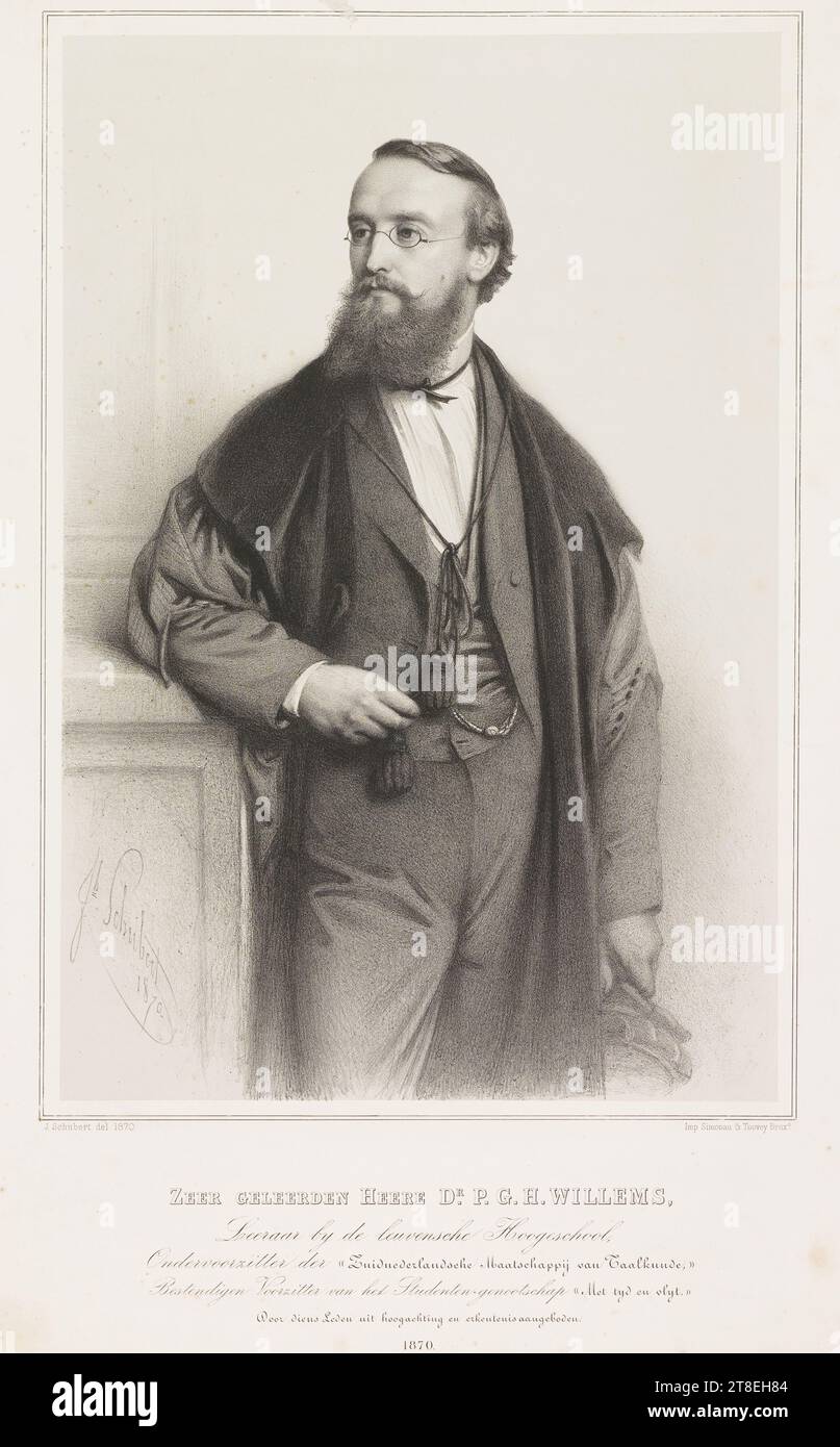 JH. Schubert 1870. J. Schubert del. 1870. Imp de Simonau & Toovey Bruxs. SIGNORE MOLTO ISTRUITO DR. P.G.H. WILLEMS, insegnante presso l'Università di Lovanio, vicepresidente della South Dutch Language Society, presidente persistente dell'Associazione degli studenti <<con il tempo e vlyt,. Offerto dai suoi membri per stima e riconoscimento. 1870 Foto Stock