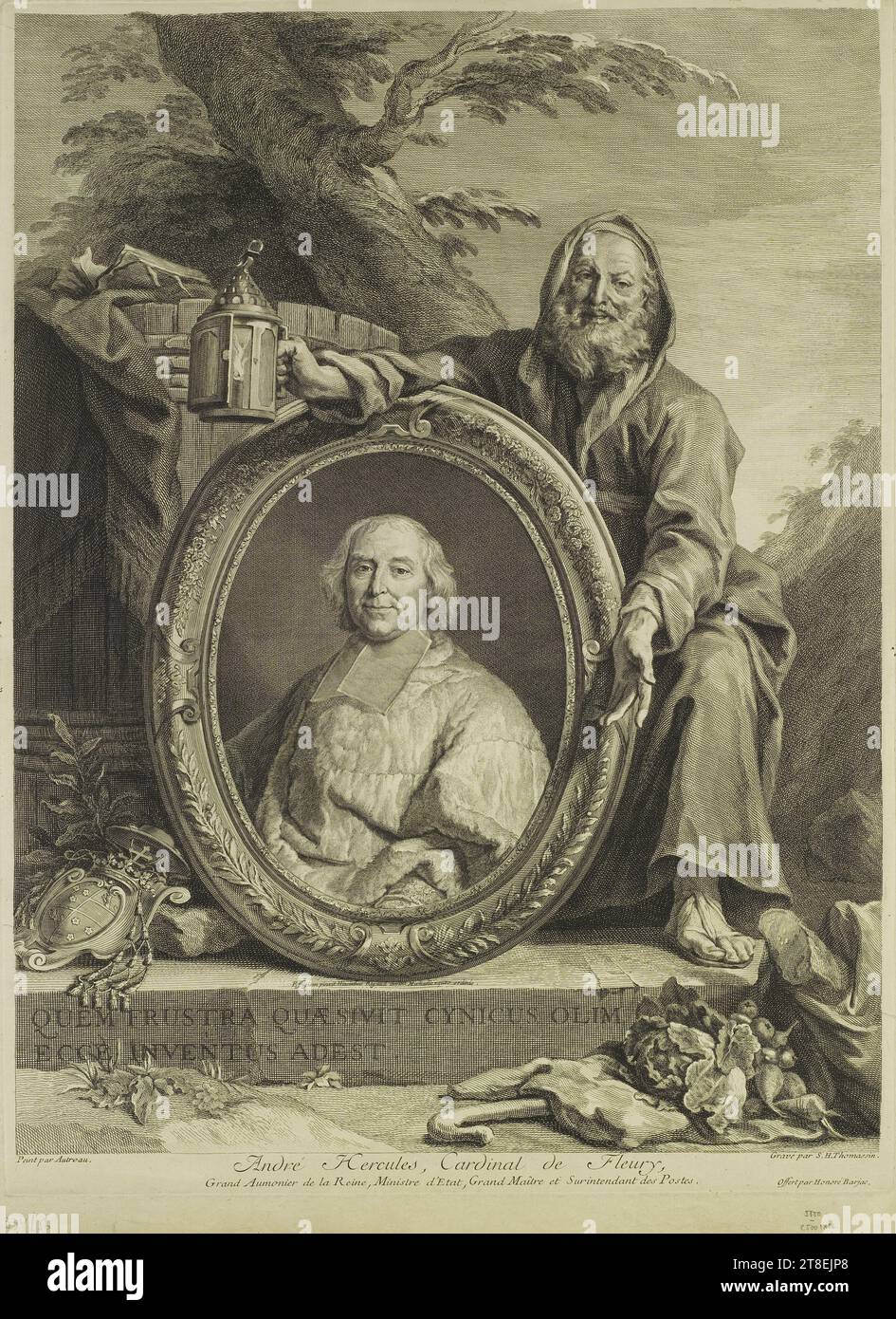 QUEM TRUSTA QUESIVIT CYNICUS OLIM ECCE INVENTUS ADEST. Dipinto da Autreau. André Hercules, Cardinale de Fleury Grand Aumonier de la Reine, Ministro di Stato, Gran Maestro e Sovrintendente dell'Ufficio postale. Inciso da S.H.Thomassin. Offerto da Honoré Barjac Foto Stock