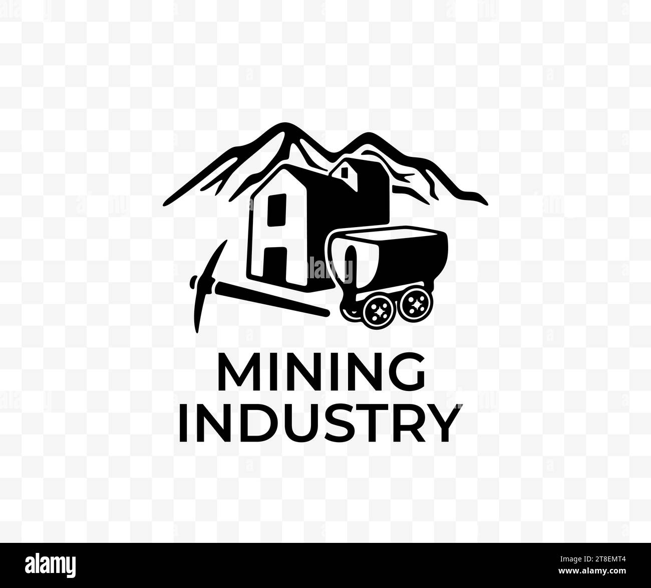Industria mineraria, montagne, miniera, carrello e piccone, progettazione grafica. Carrello minerario, piccone, scavo, geologia e geologia, progettazione vettoriale Illustrazione Vettoriale