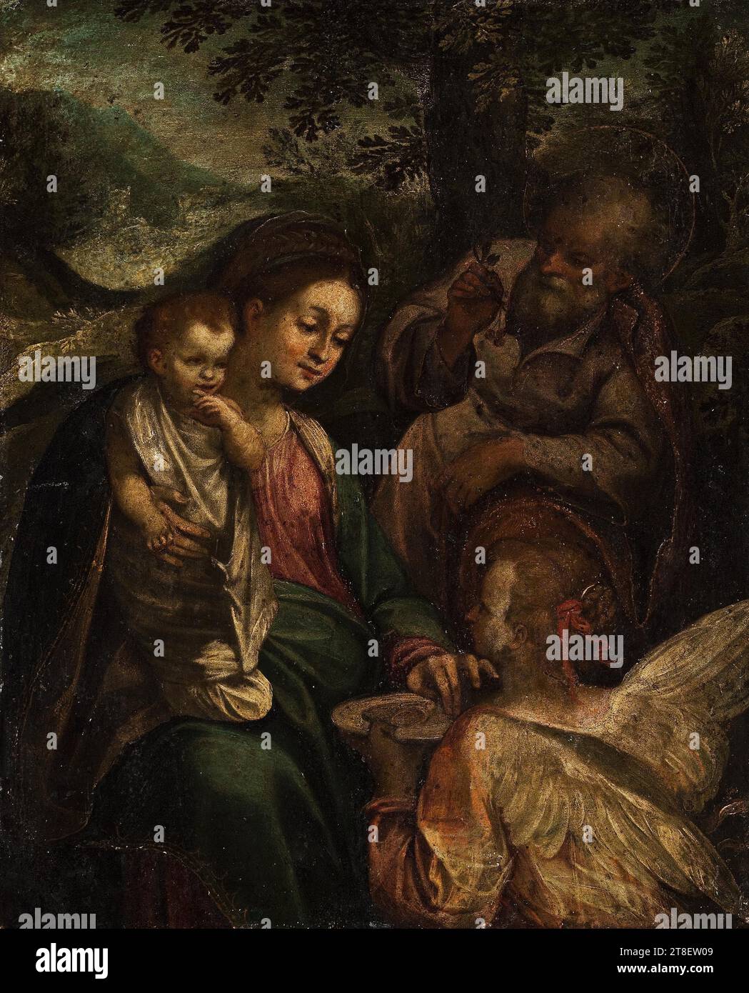 Riposati durante la fuga in Egitto, pittura, pittura storica, metallo, rame, colore, vernice a olio, verniciata, altezza 29,4 cm, larghezza 24,1 cm, pittura, europea Foto Stock