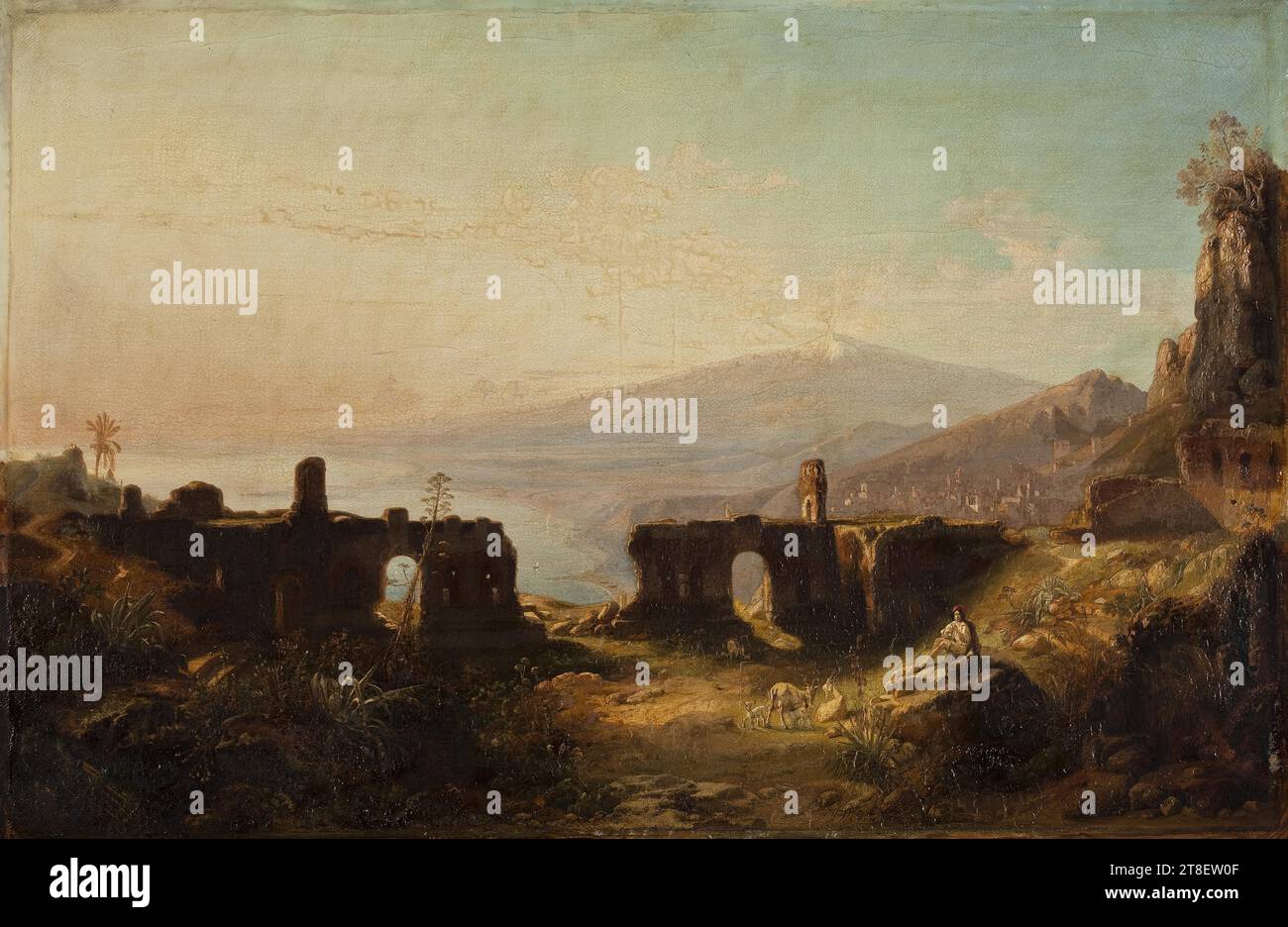 Veduta del Teatro Antico di Taormina, Friedrich August Elsasser, 1810-1845, 1838, Pittura, tessuto, tela, colore, vernice a olio, verniciato, altezza 68 cm, larghezza 102,6 cm, A.Elsasser Roma, verniciatura, europea, modernità (1800 - 1914 Foto Stock